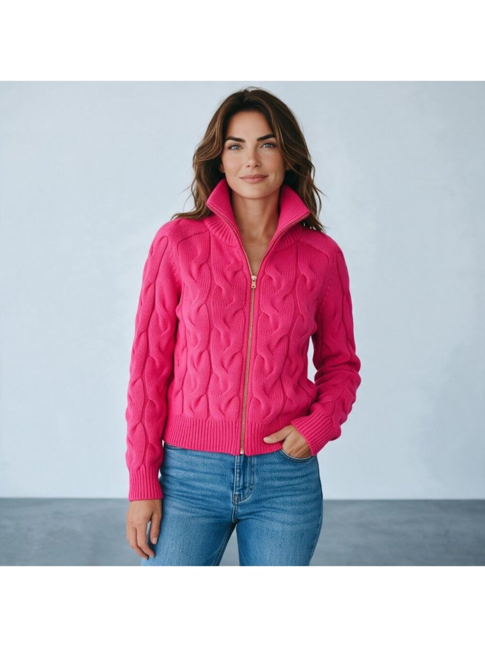 Talbots Women M Pink Cable Knit Full Zip Sweater Cardigan Zip Up Preppy Luxe Cor